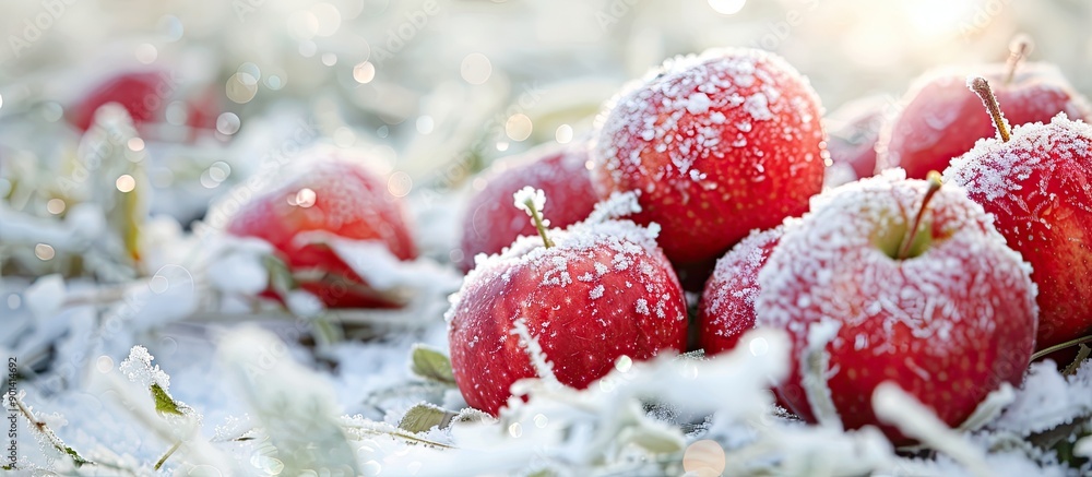 Poster Fresh red apples harvested in the first snow set against a backdrop of white frost covered grass create a wintry holiday themed copy space image