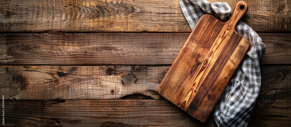 Poster Top view of a cutting board on a wooden kitchen table with a towel underneath creating a rustic kitchen scene with copy space image
