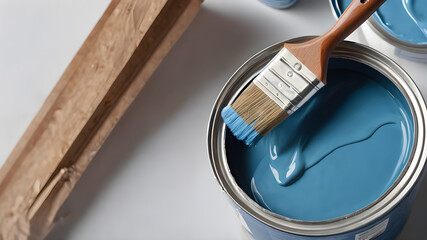 Blue liquid paint and brush on white background. Generative AI