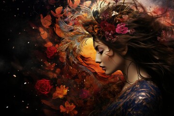 Fototapeta premium Mysterious enchanted autumn dream: a fantasy portrait of a woman in a surreal, ethereal world surrounded by vibrant leaves, roses, and floral beauty, created with digital art and imagination