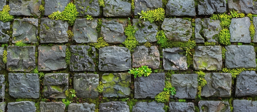 Poster gray patterned bricks with green moss provide the backdrop for a copy space image