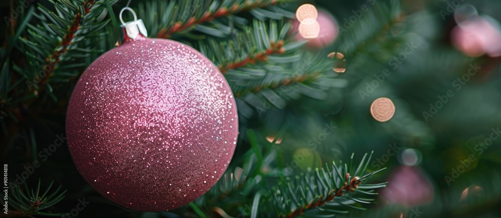 Poster a front view of a big shiny pink christmas ball hanging on a tree with copy space image