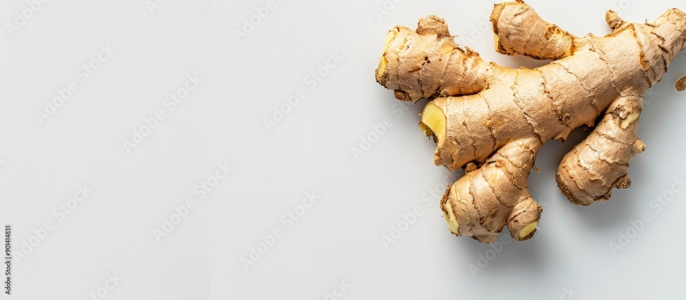 Poster copy space image featuring a ginger root zingiber officinale on a white background