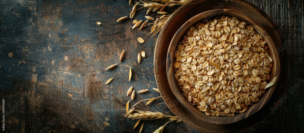 Poster Wooden plate with oat groats or oat spike on aged backdrop top view with selective focus providing room for copy space image