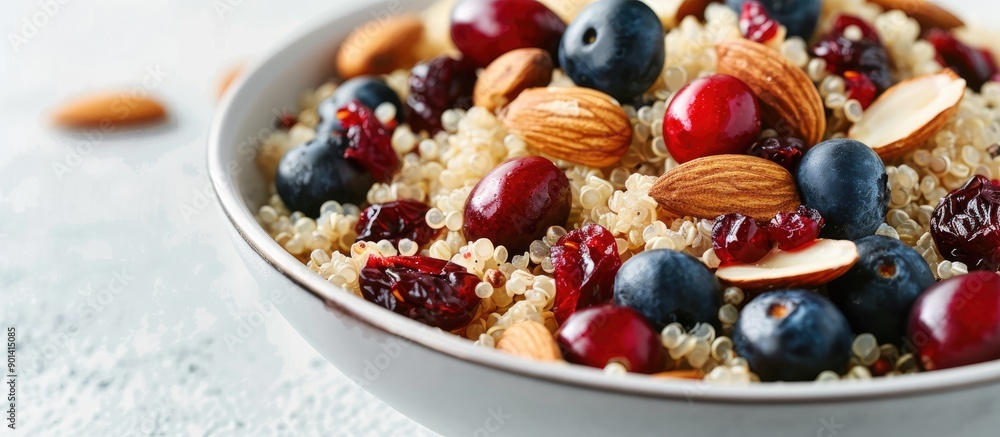Aufkleber Close up of a tempting quinoa bowl with almonds cranberries and blueberries on a white surface with copy space image available