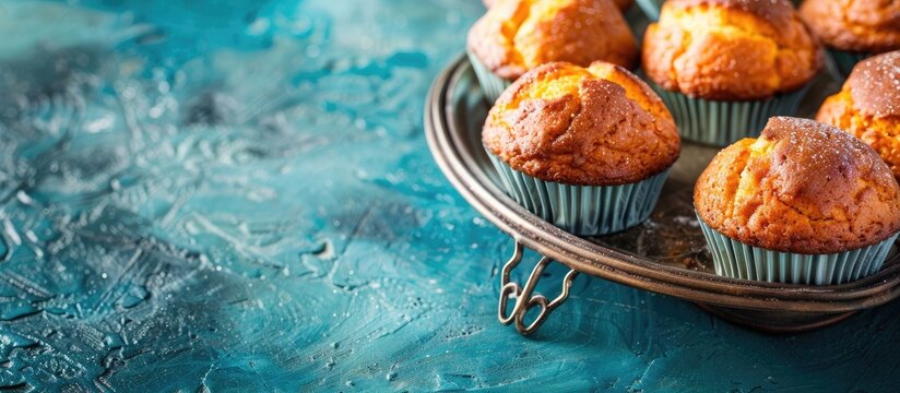 Muffins displayed in a shiny metal dish on a vibrant blue backdrop Ample copy space image