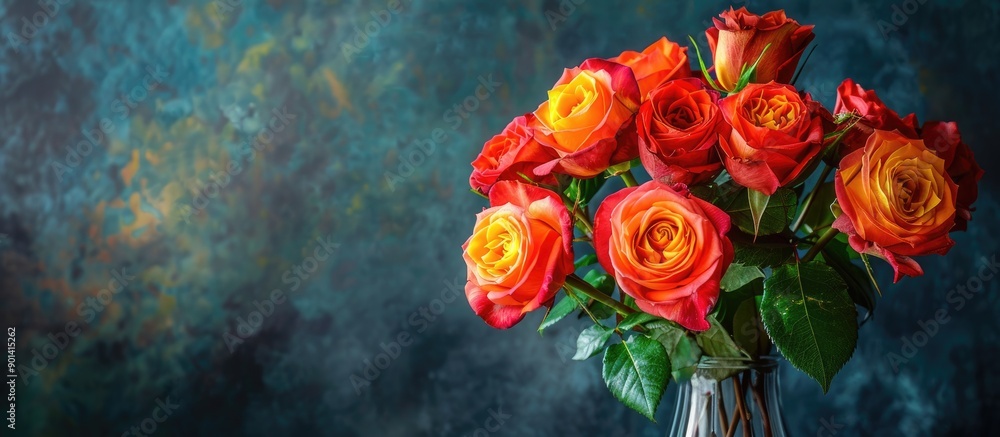 Poster vibrant roses arranged in a vase with a copy space image