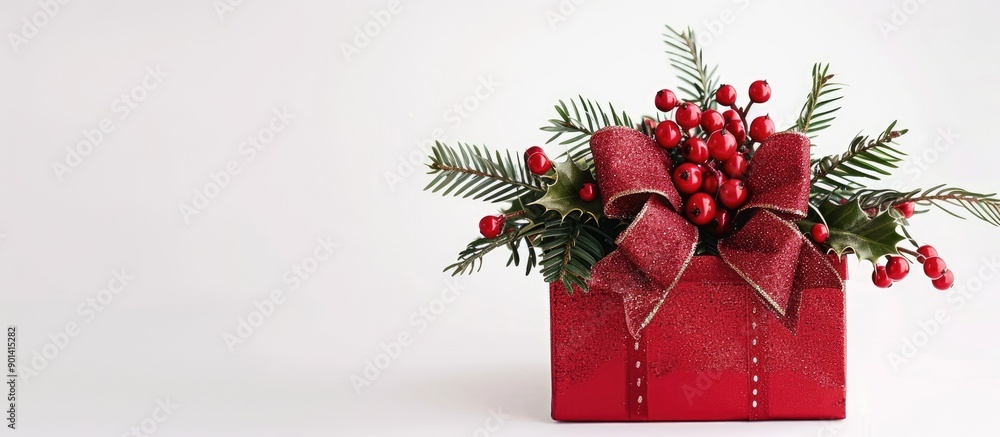 Poster a festive gift box with a bow is displayed against a plain white backdrop creating a perfect christm