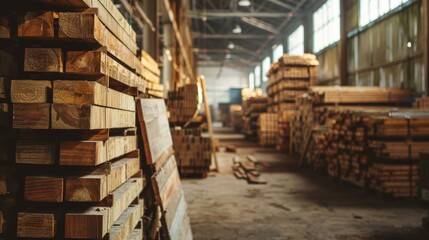 A large pile of wood is stacked in a warehouse