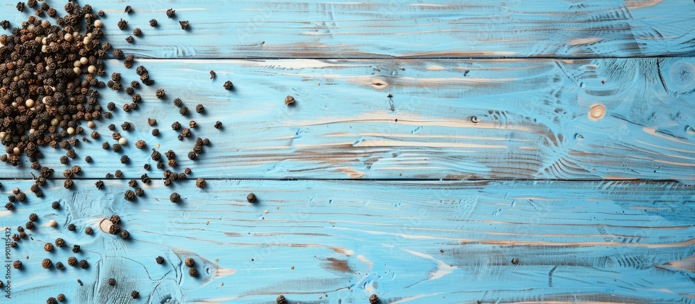 Poster light blue wooden table with peppercorns in a flat lay arrangement offering ample copy space image