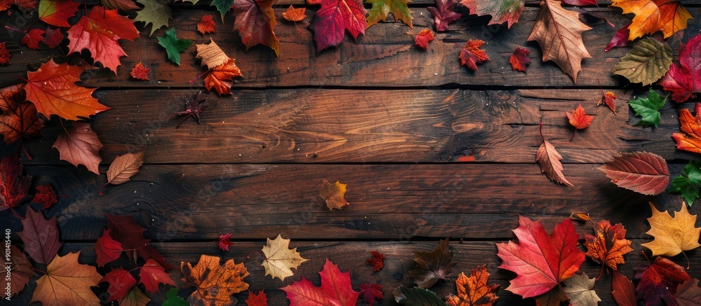 Poster Top down view of a wooden table adorned with autumn leaves in red orange green brown and yellow hues creating a fall themed backdrop with room for a copy space image