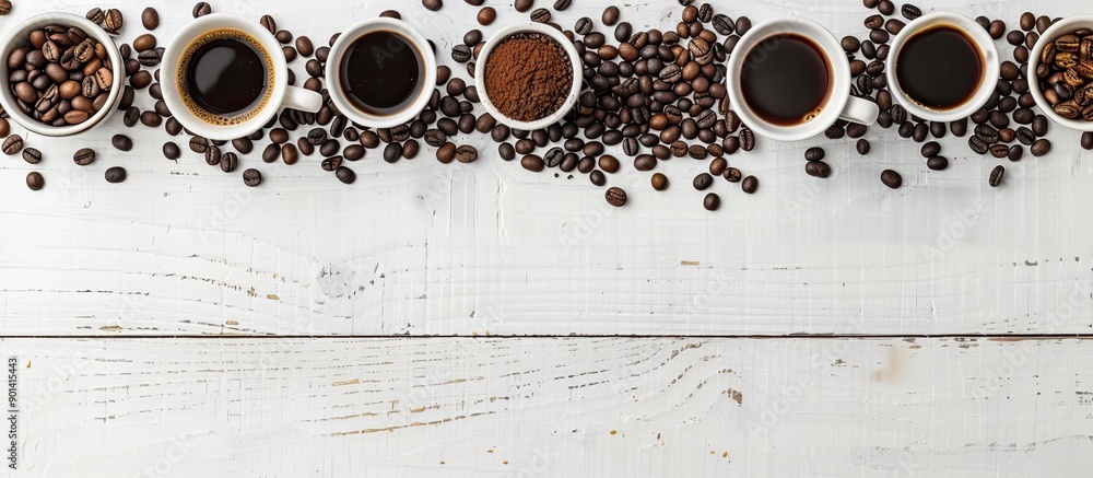 Poster coffee beans and cups arranged beautifully on a pristine white wooden surface with ample copy space 
