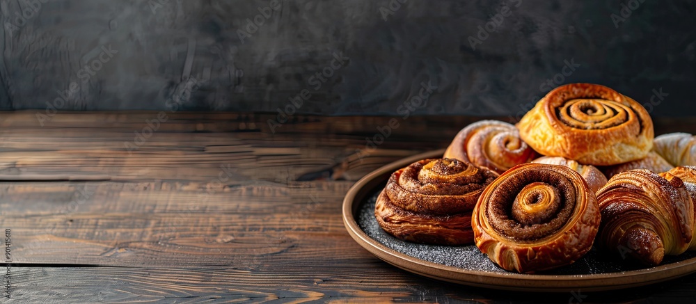 Poster a selection of freshly baked pastries like cinnamon rolls and croissants displayed on a ceramic plat