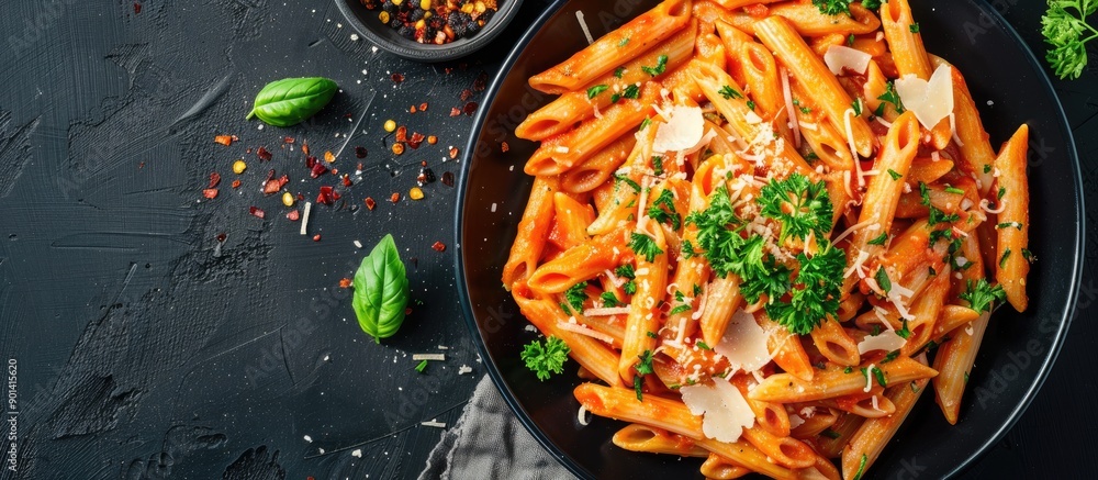 Aufkleber Top view of homemade Penne Alla Vodka with cheese and parsley on blank notepad flat lay image with copy space