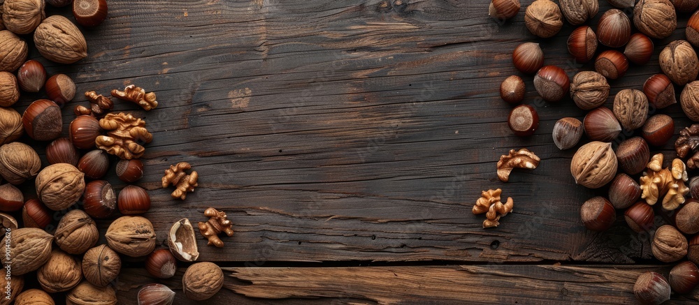 Poster Assorted nuts like hazelnuts and walnuts scattered on a wooden surface seen from the top with plenty of copy space image