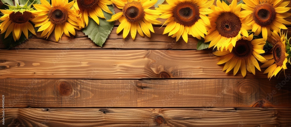 Aufkleber a frame constructed with lovely sunflowers against a bright wooden backdrop provides a charming disp