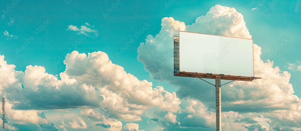 Poster billboard with copy space image set against a backdrop of blue sky and fluffy clouds