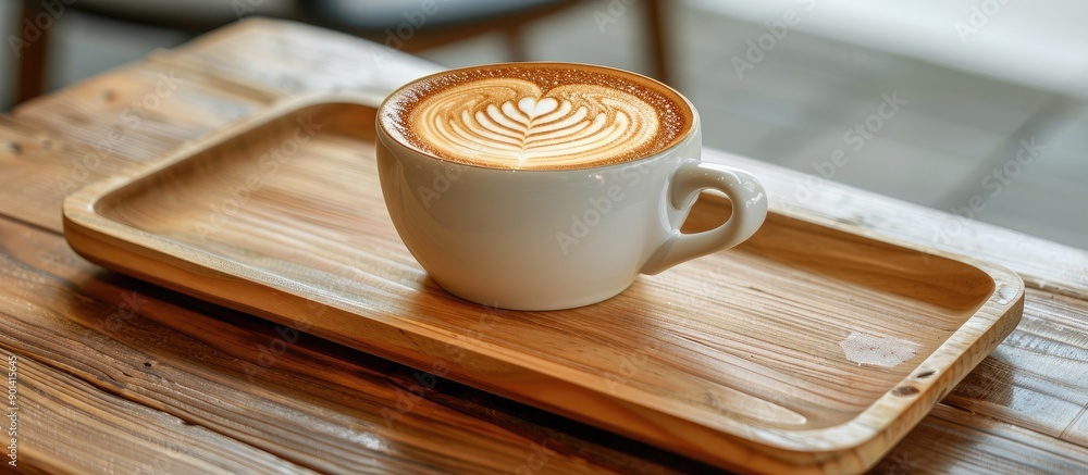 Poster Cappuccino coffee cup with latte art on a wooden tray displayed on a cafe table ideal as a copy space image