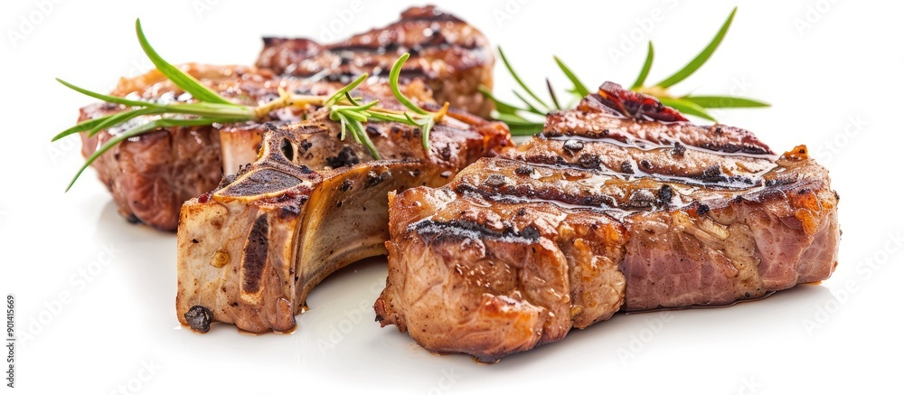 Poster a bbq grilled mutton fillet chop diced lamb meat on a white background with copy space image