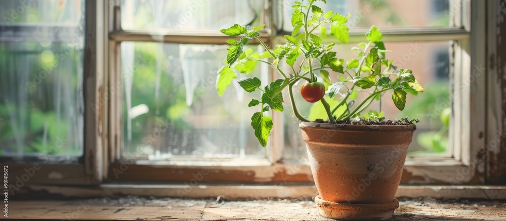 Poster indoor setting with a tomato plant in a pot on a windowsill showcasing a copy space image