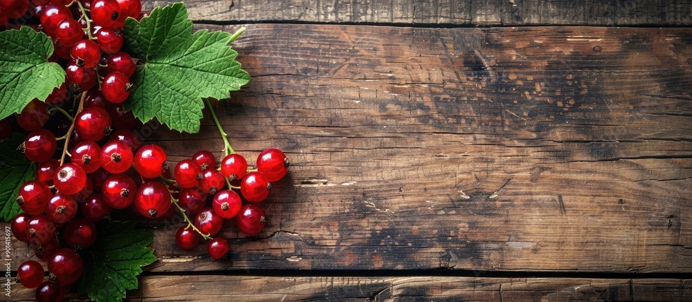 Aufkleber ripe red currants displayed on a wooden surface with copy space image