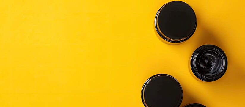 Eco conscious black recycled plastic containers repurposed for cosmetics shown on a yellow backdrop with ample copy space for text Top down view