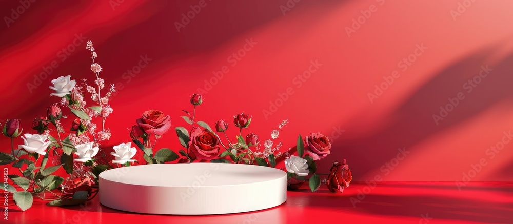 Aufkleber Elegant product display on red backdrop with round podium lovely roses and room for copy space image