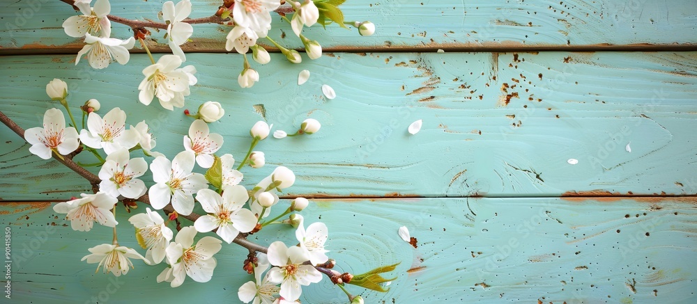 Aufkleber Overhead view of a white cherry blossom tree in spring against a soft mint wooden backdrop with copy space image