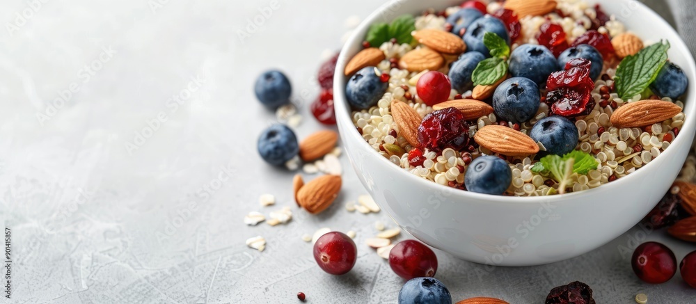 Poster Close up of a tempting quinoa bowl with almonds cranberries and blueberries on a white surface with copy space image available