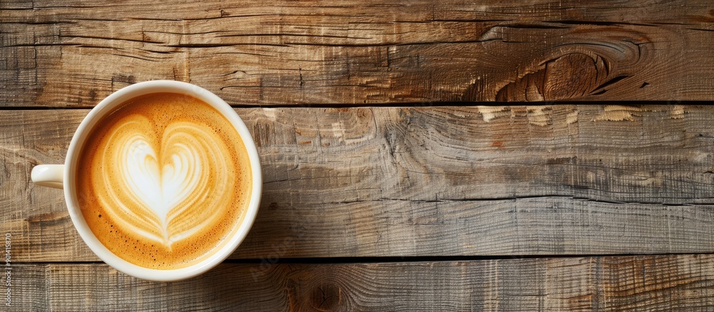 Aufkleber Latte art featuring a heart design on a wooden background for flat lay composition with room for text next to it in the image. copy space available
