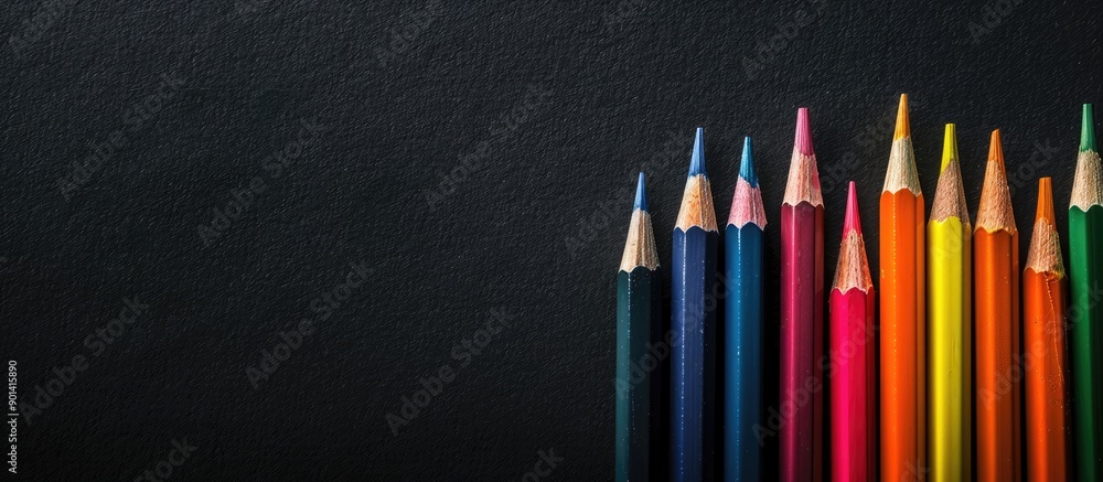 Poster Top view of colored pencils on a black cardboard background symbolizing education in a high quality copy space image
