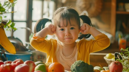 Fototapeta premium Happy little girl flexing her muscles with have fruits and vegetables on table, concept of healthy eating for children.