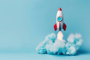 A brightly colored toy rocket takes off, leaving a trail of smoke against a serene blue backdrop, capturing the essence of childhood adventure and imagination.