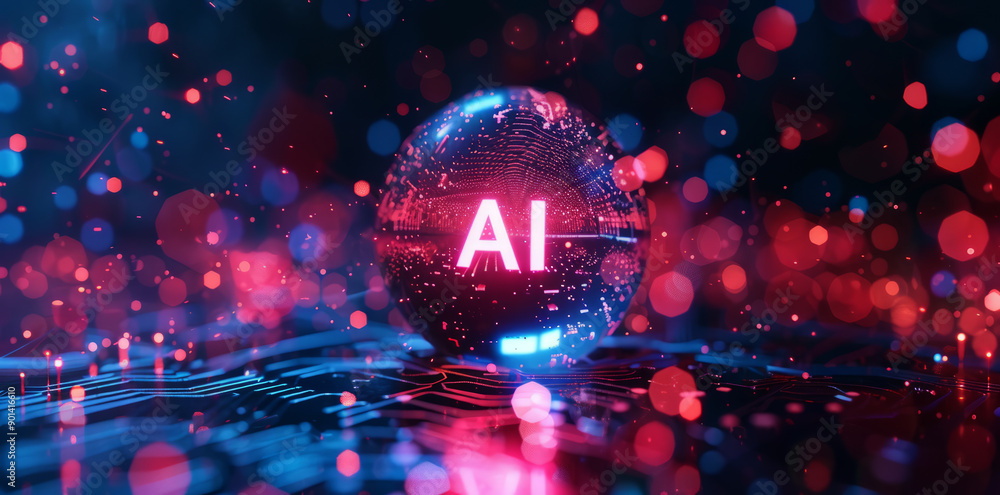 Poster glowing holographic text AI on a sphere with circuit board patterns floating in space, 