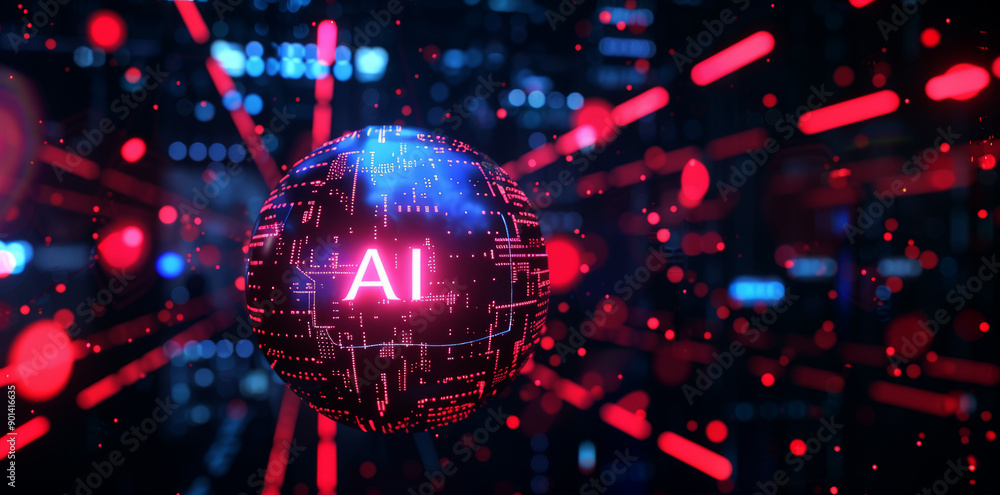 Poster glowing holographic text AI on a sphere with circuit board patterns floating in space, 