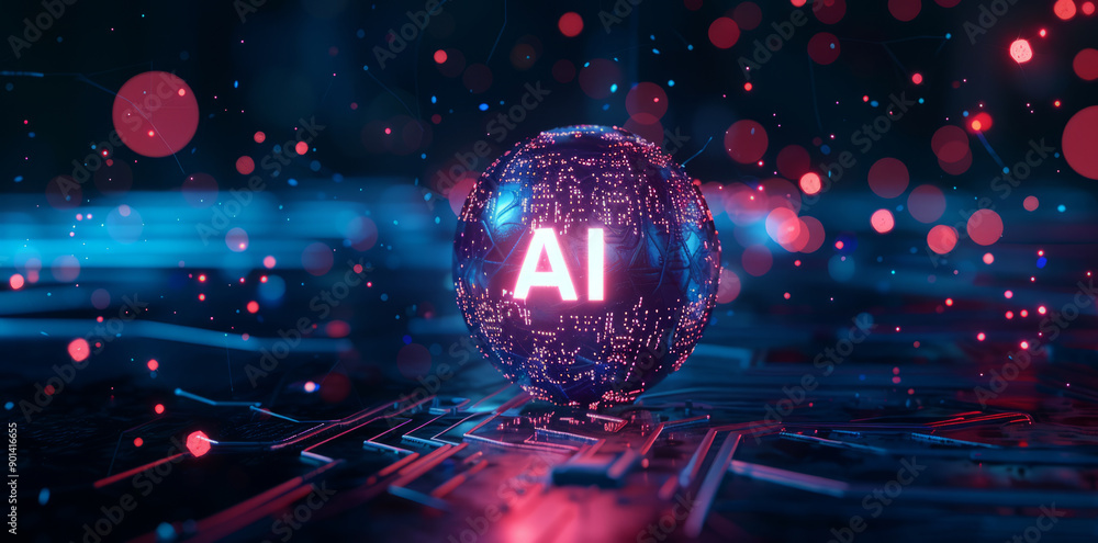 Poster glowing holographic text AI on a sphere with circuit board patterns floating in space, 