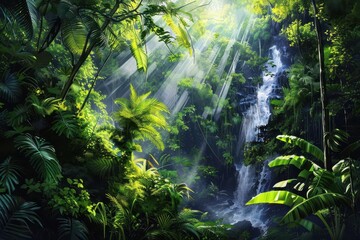 Obraz premium Lush Green Jungle Waterfall in Dense Tropical Rainforest