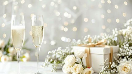 Wedding planner background with champagne glasses flowers and gift box
