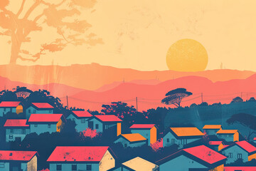 Risograph vintage riso print travel poster, card, wallpaper or banner illustration, modern, isolated, clear, simple of Mbabane, Eswatini. Texture, backdrop, screen printing, stencil