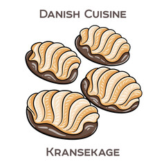 Kransekage is a traditional Danish celebratory tower cake made of stacked almond marzipan rings, typically decorated with white icing and often served at New Year's Eve
