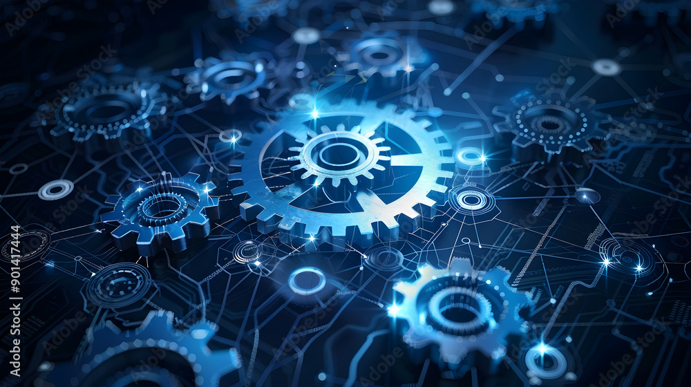 Poster gears mechanism, digital transformation, data integration and digital technology concept. generative