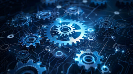 Gears mechanism, digital transformation, data integration and digital technology concept. Generative Ai.