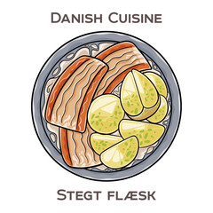 Stegt flaesk is a traditional Danish dish consisting of crispy fried pork belly slices typically served with boiled potatoes and parsley sauce.