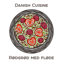 Rodgrod med flode is a traditional Danish dessert consisting of red berry pudding served with cream.