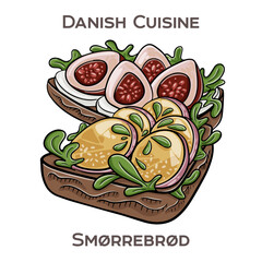 Smorrebrod is a traditional Danish open-faced sandwich consisting of a slice of rye bread topped with various combinations of meats, fish, vegetables, and spreads.
