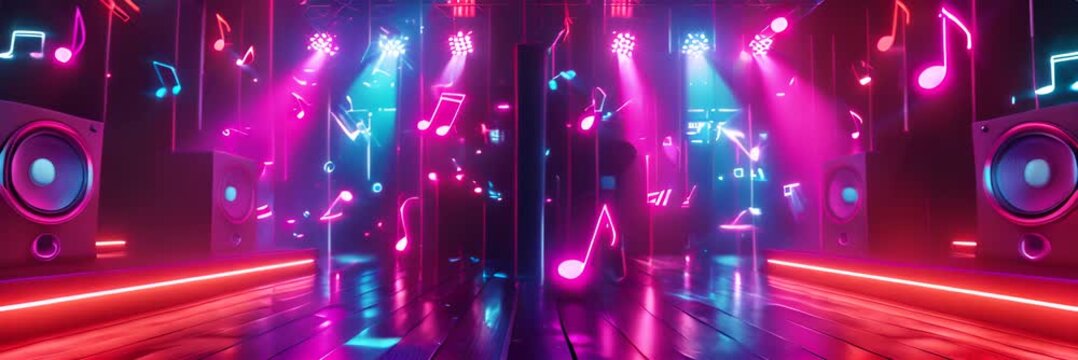A neon sign with a lot of music notes on it. The sign is in a dark room with a lot of lights.