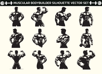 Muscular bodybuilder silhouette vector in illustration set