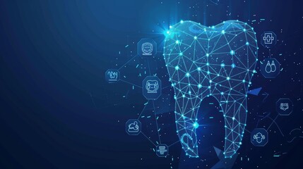 Digital dental technology on a dark blue background with a wireframe tooth and medical icons, symbolizing innovation in root canal treatment for dental clinics and hospitals. Fantastic low poly vector