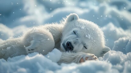 Naklejka premium Adorable polar bear cub sleeping peacefully in the snow, capturing the serene and tranquil beauty of Arctic wildlife.