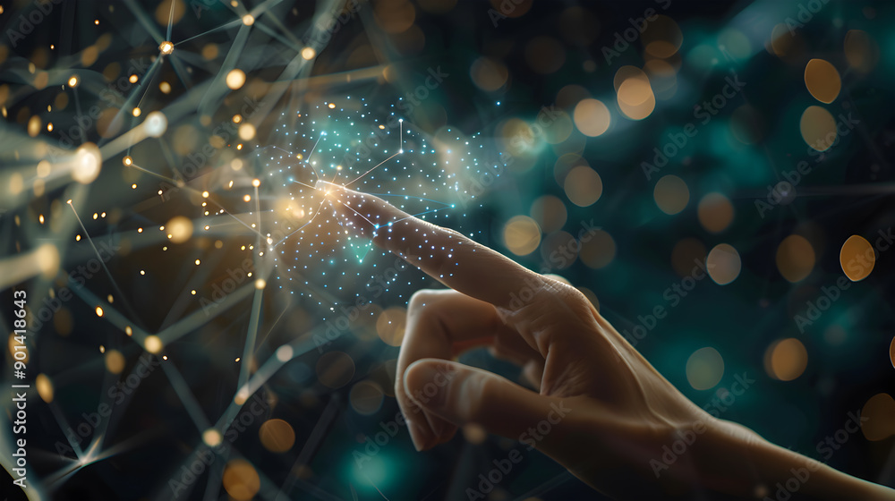 Poster hand touching modern interface digital transformation and metaverse concept. connection next generat